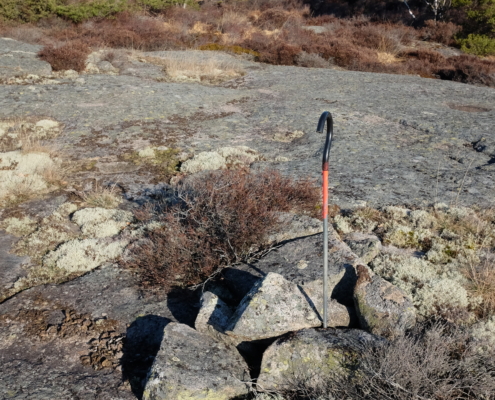 Ett gränsmärke, beläget högt på hälleberg centralt i utredningsområdets södra del. Foto mot nordväst.