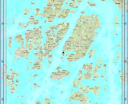 Översiktskarta med en strandlinje 65 meter över dagens nivå. Boplatsen L2024:6280 är markerad med en svart prick i sydvästra delen av Skottfjället, vilket på denna tid var en ö. ©Lantmäteriet.